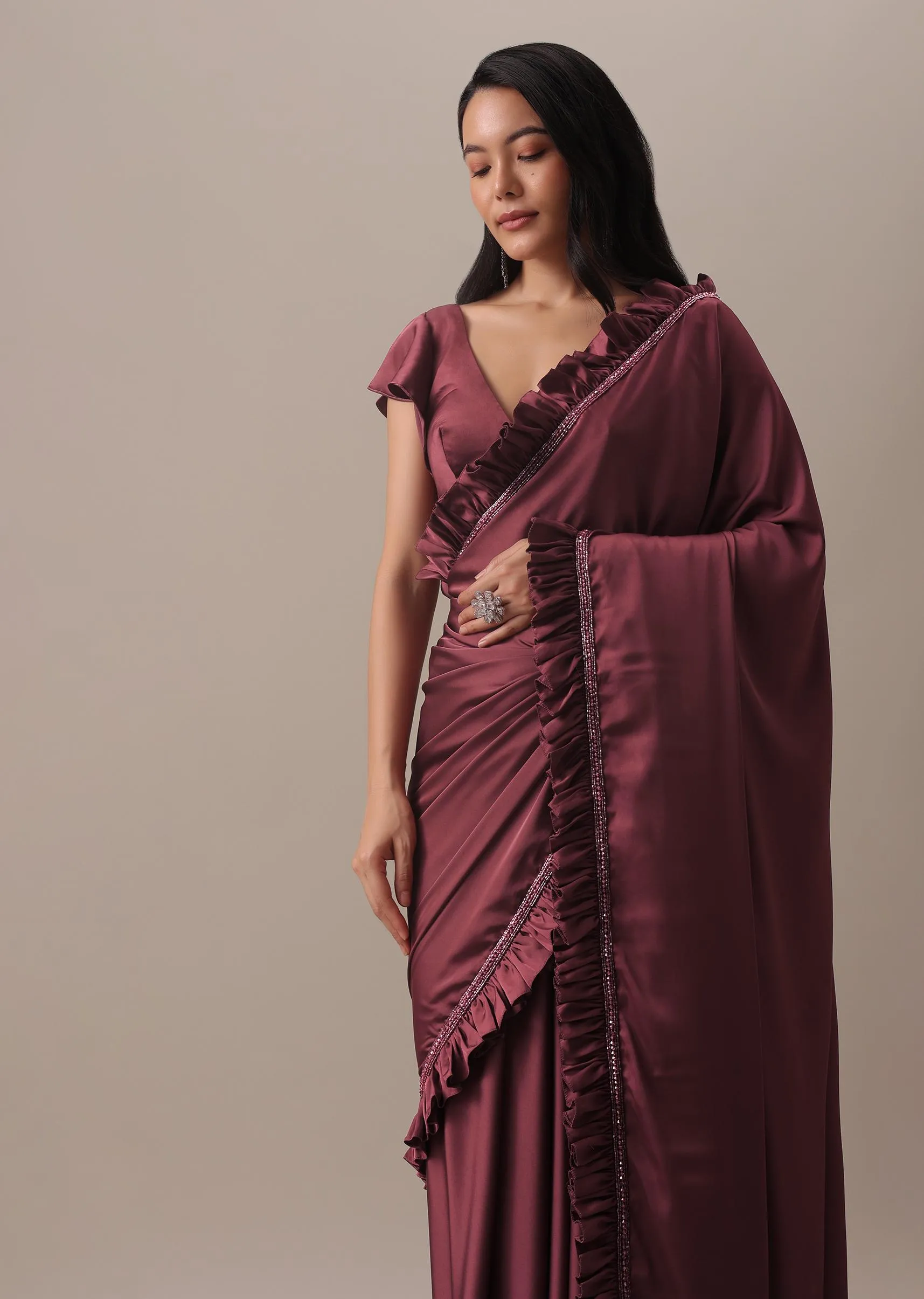 Dusty Maroon Satin Saree With Frilled Sleeved Blouses
