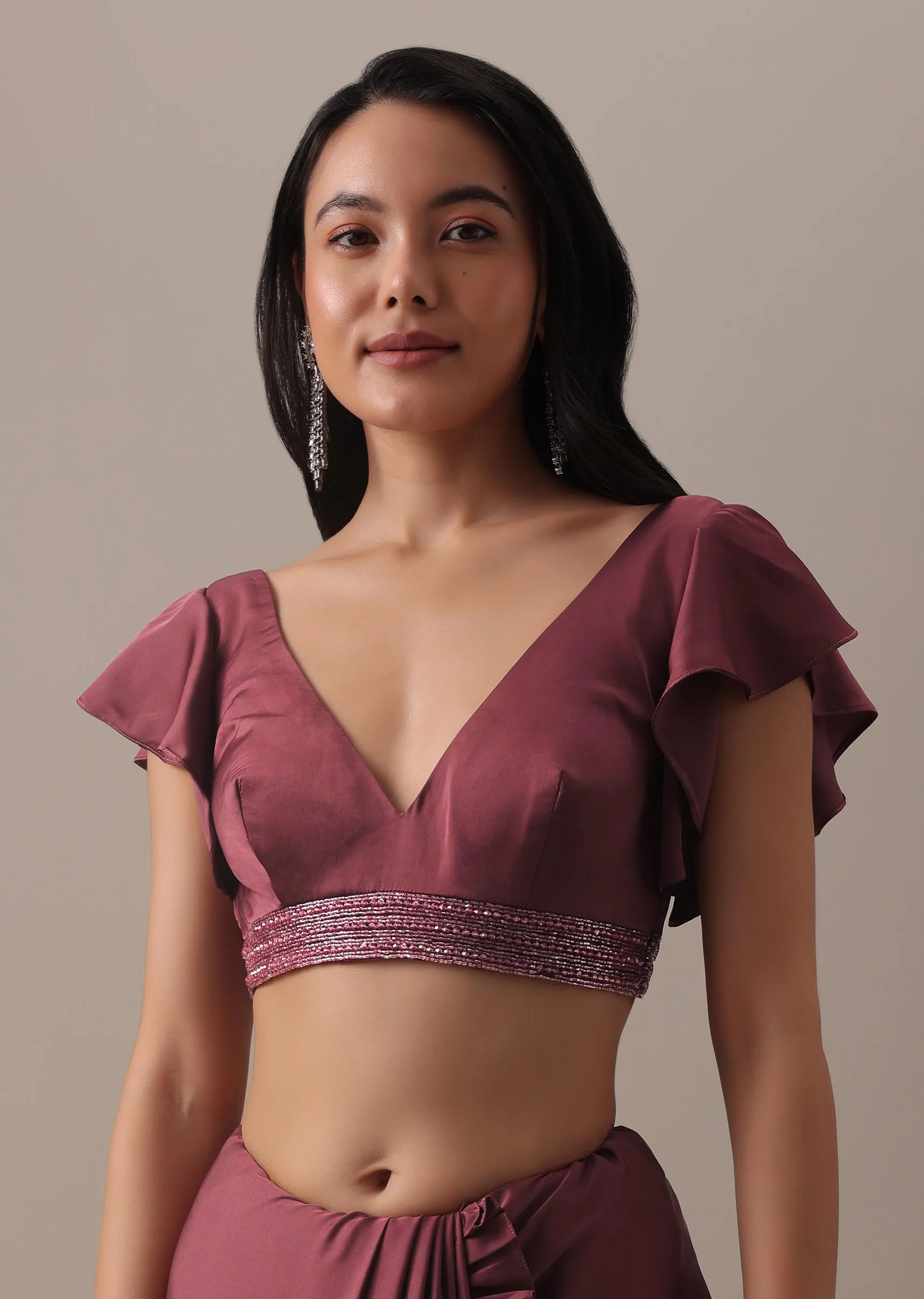 Dusty Maroon Satin Saree With Frilled Sleeved Blouses