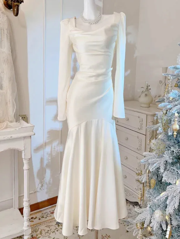 Elegant Formal Dresses Gowns Evening Dresses Mermaid Ivory Long Prom Dress Long Sleeves Wedding Gown