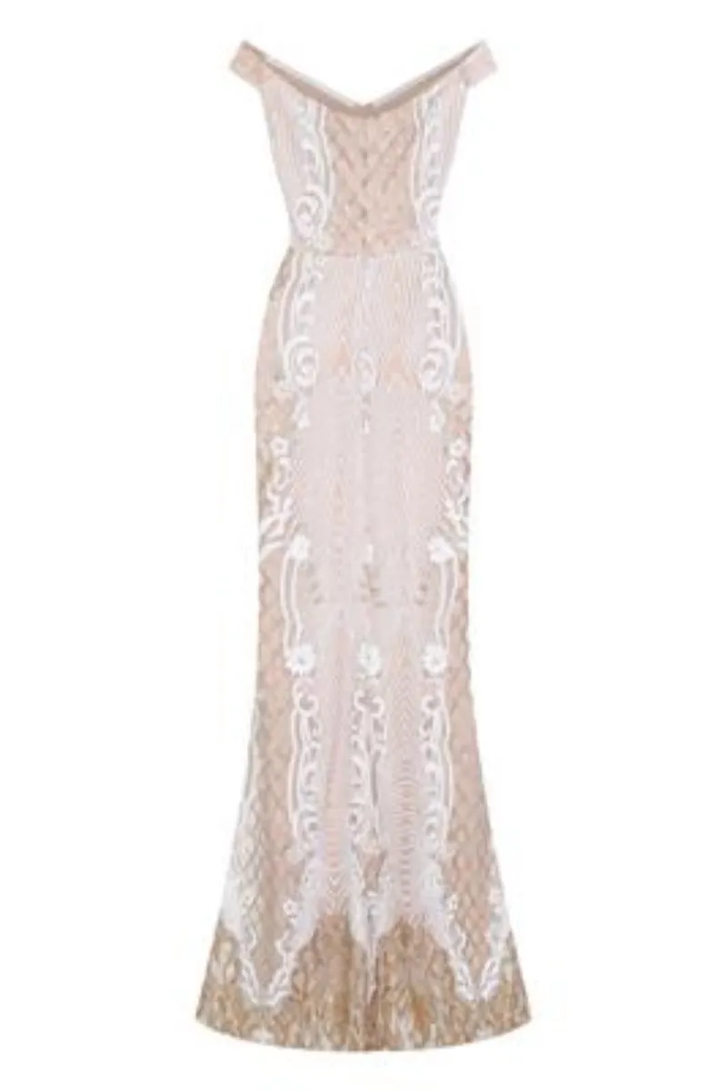 Enchanted Vip White Gold Sequin & Embroidery Bardot Fishtail Mermaid Dress