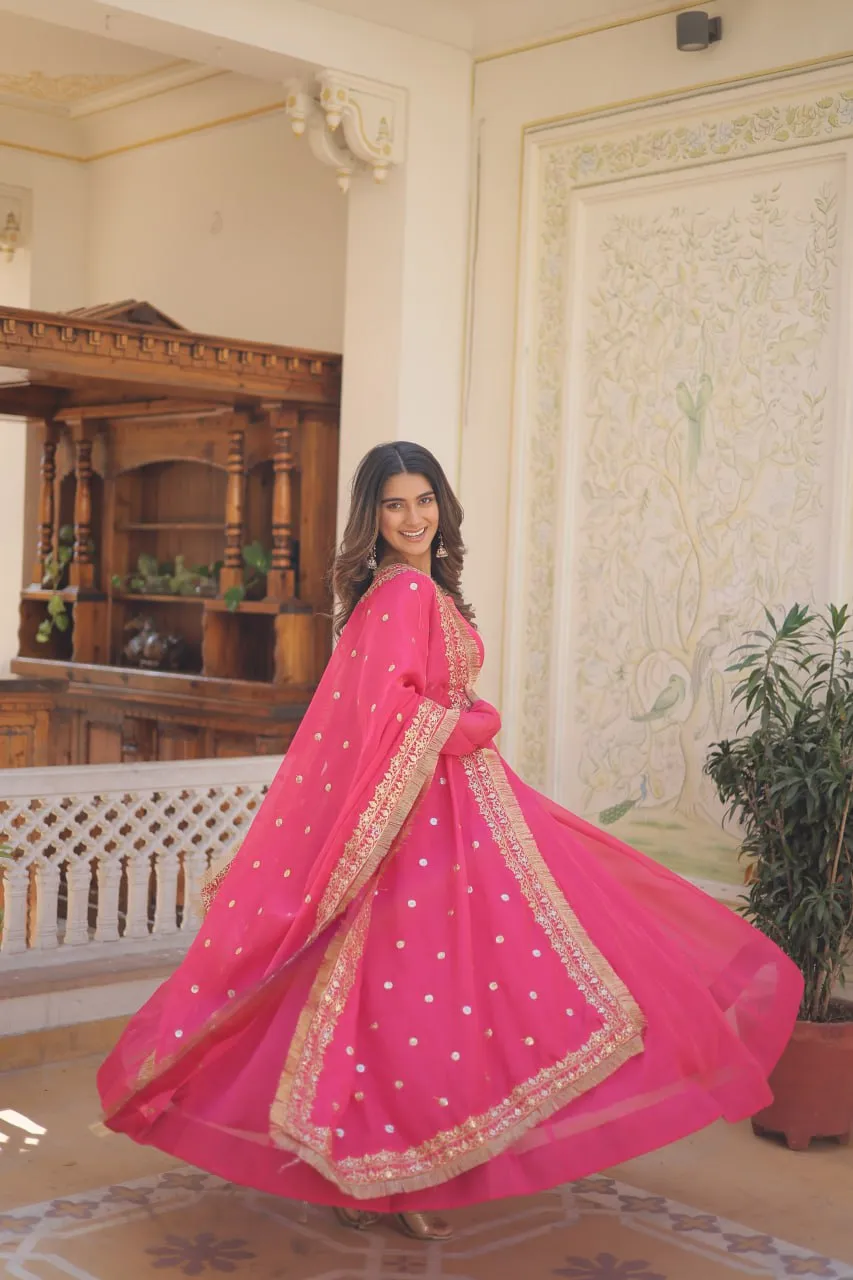 Enchanting Pink Russian Silk Gown-Dupatta Set with Exquisite Sequined Embroidery and Lace Border