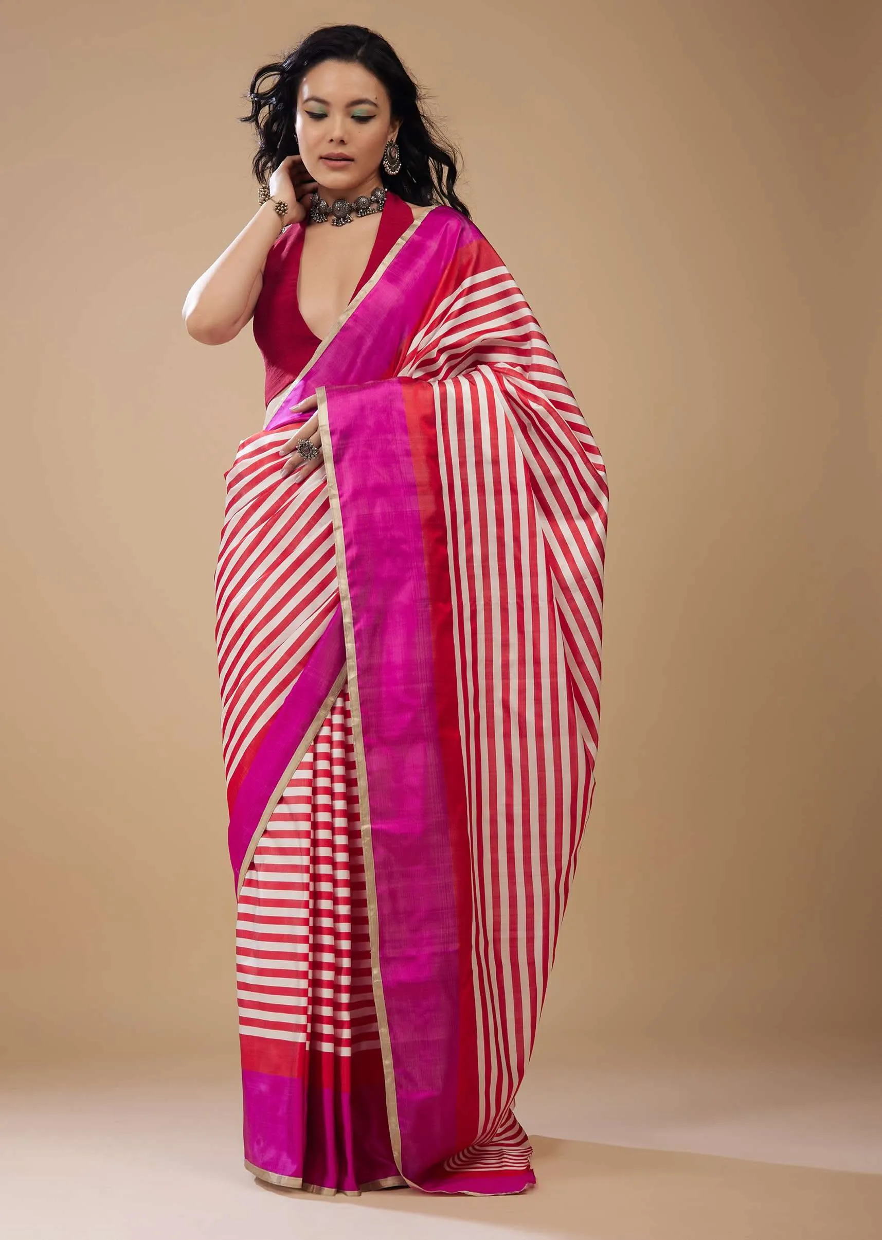 Fiery Red Printed Satin Saree With Dual Tone Stripes