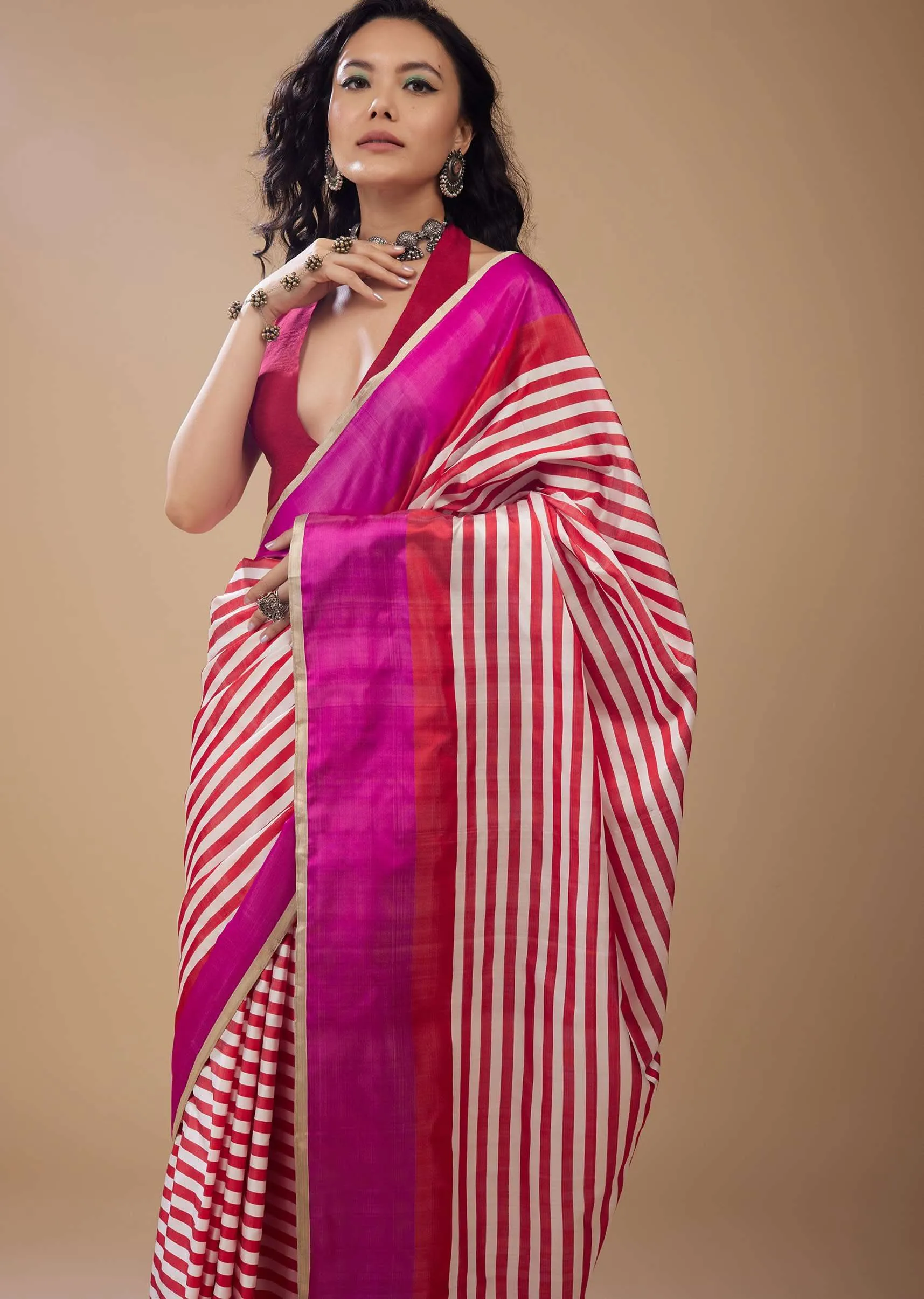 Fiery Red Printed Satin Saree With Dual Tone Stripes