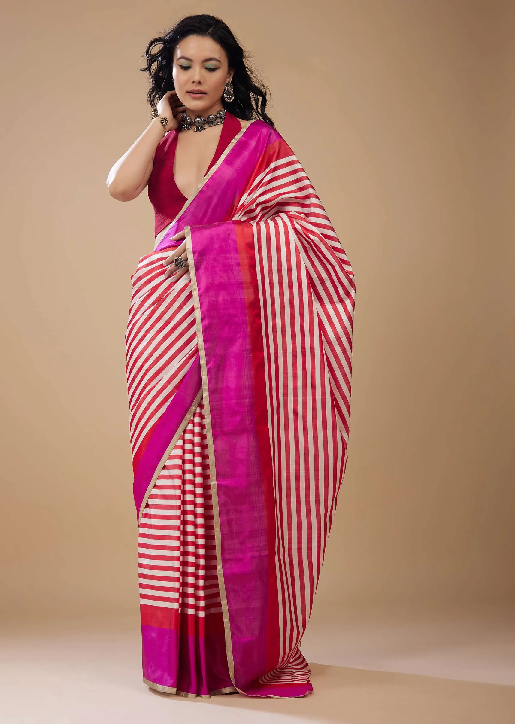 Fiery Red Printed Satin Saree With Dual Tone Stripes