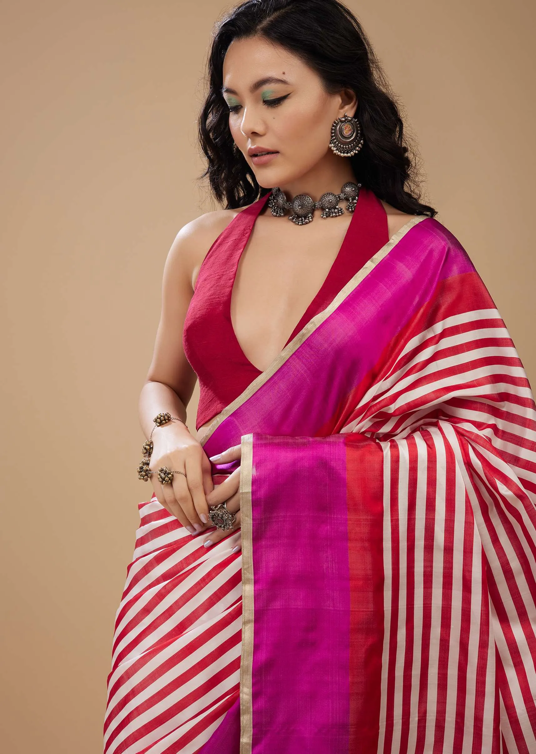 Fiery Red Printed Satin Saree With Dual Tone Stripes