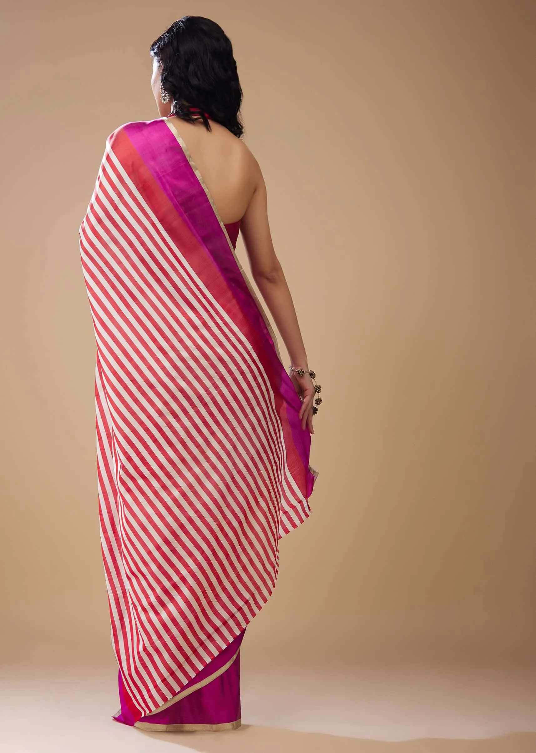 Fiery Red Printed Satin Saree With Dual Tone Stripes