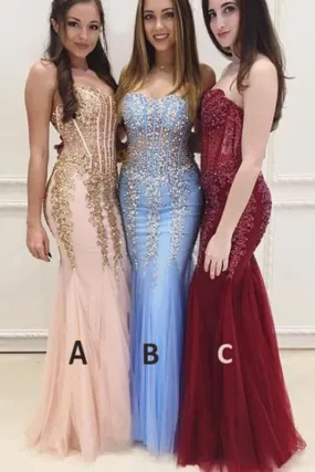 Floor Length Sweetheart Mermaid Prom with Appliques Strapless Tulle Formal Dress