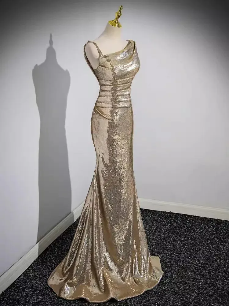 Girlary Gold Sequined Evening Dress Formal Gown V Neck Floor Length Women Party Occasion Dresses Bridesmaid Gown Vestido New