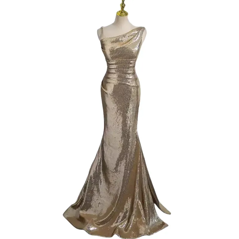 Girlary Gold Sequined Evening Dress Formal Gown V Neck Floor Length Women Party Occasion Dresses Bridesmaid Gown Vestido New