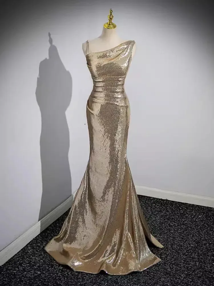 Girlary Gold Sequined Evening Dress Formal Gown V Neck Floor Length Women Party Occasion Dresses Bridesmaid Gown Vestido New