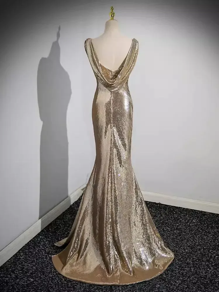 Girlary Gold Sequined Evening Dress Formal Gown V Neck Floor Length Women Party Occasion Dresses Bridesmaid Gown Vestido New