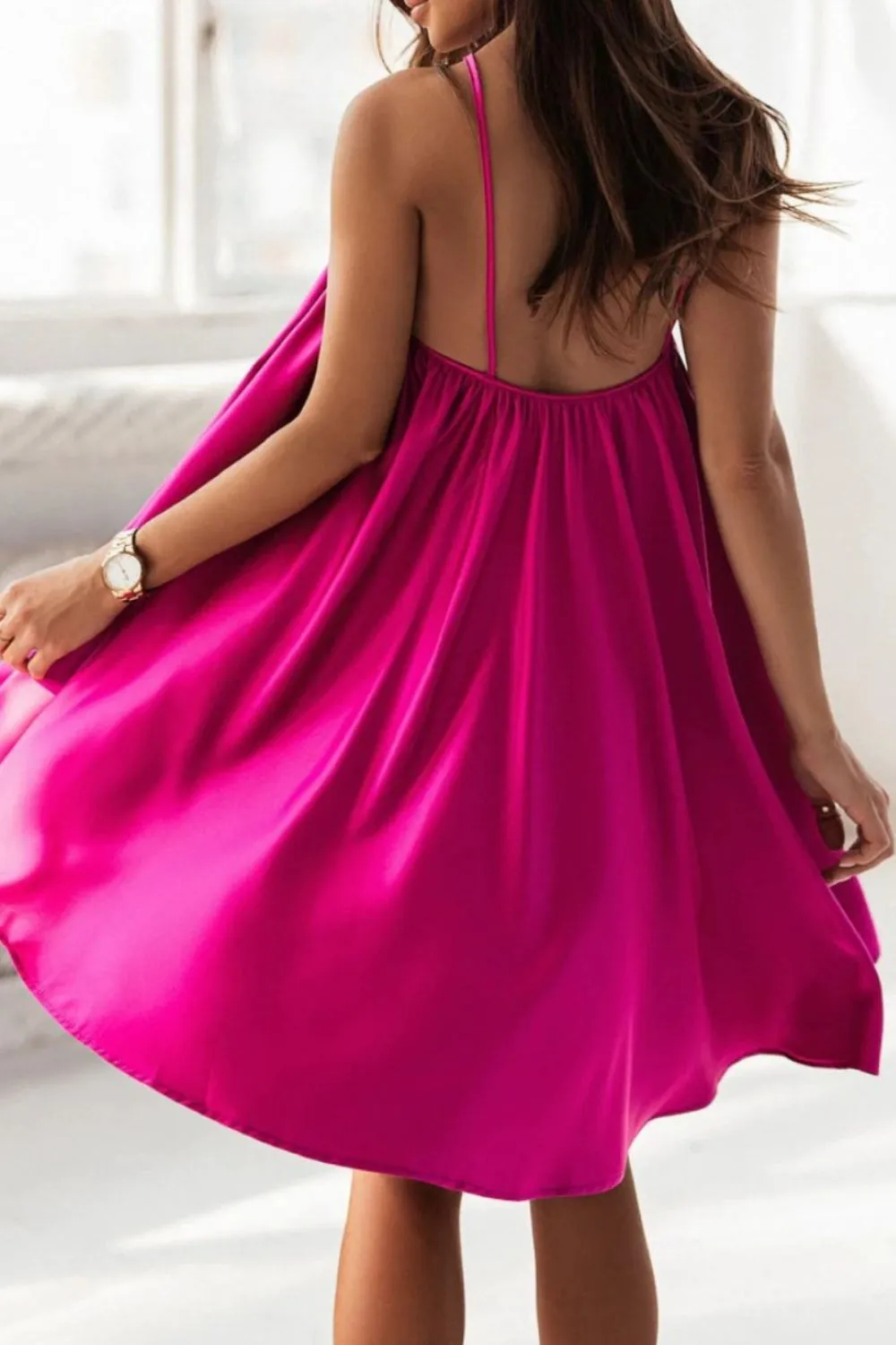 Hot Pink Halter Dress New Women's Fashion Ruched Backless Mini Cami Dress