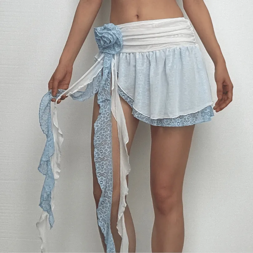 Irregular ruffle rose applique lace A line mini skirt