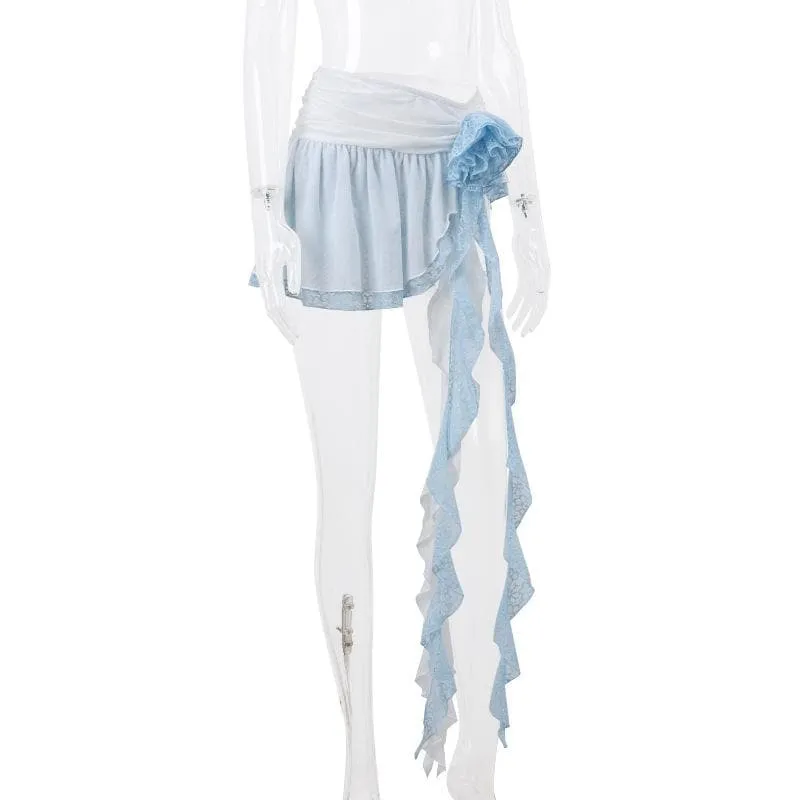 Irregular ruffle rose applique lace A line mini skirt