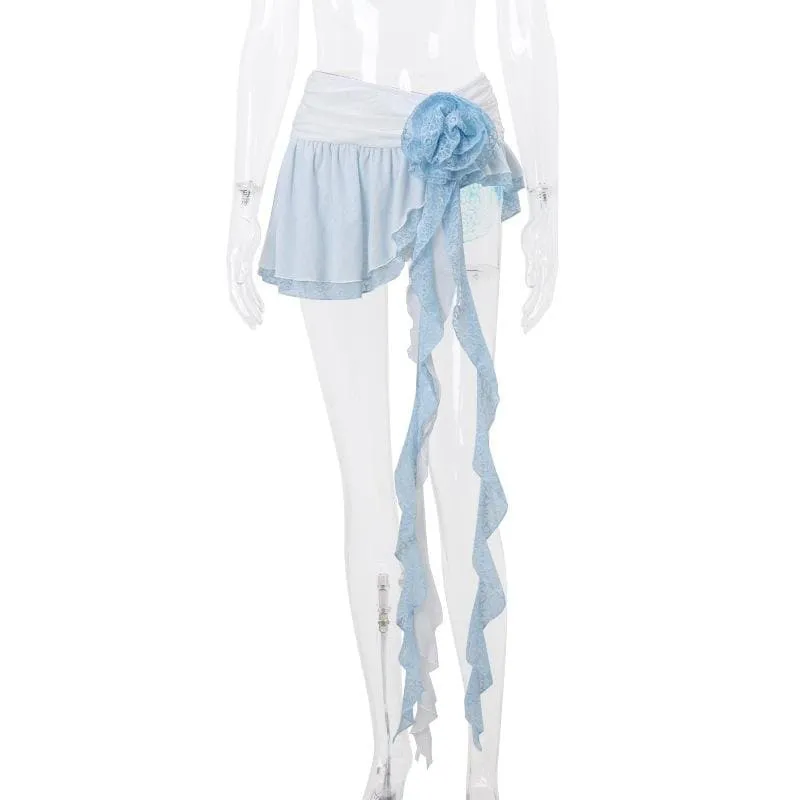 Irregular ruffle rose applique lace A line mini skirt