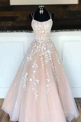 kamahe Champagne tulle lace long prom dress, champagne tulle formal dress