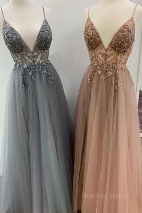 kamahe Elegant A line tulle lace long prom dress, tulle formal dress