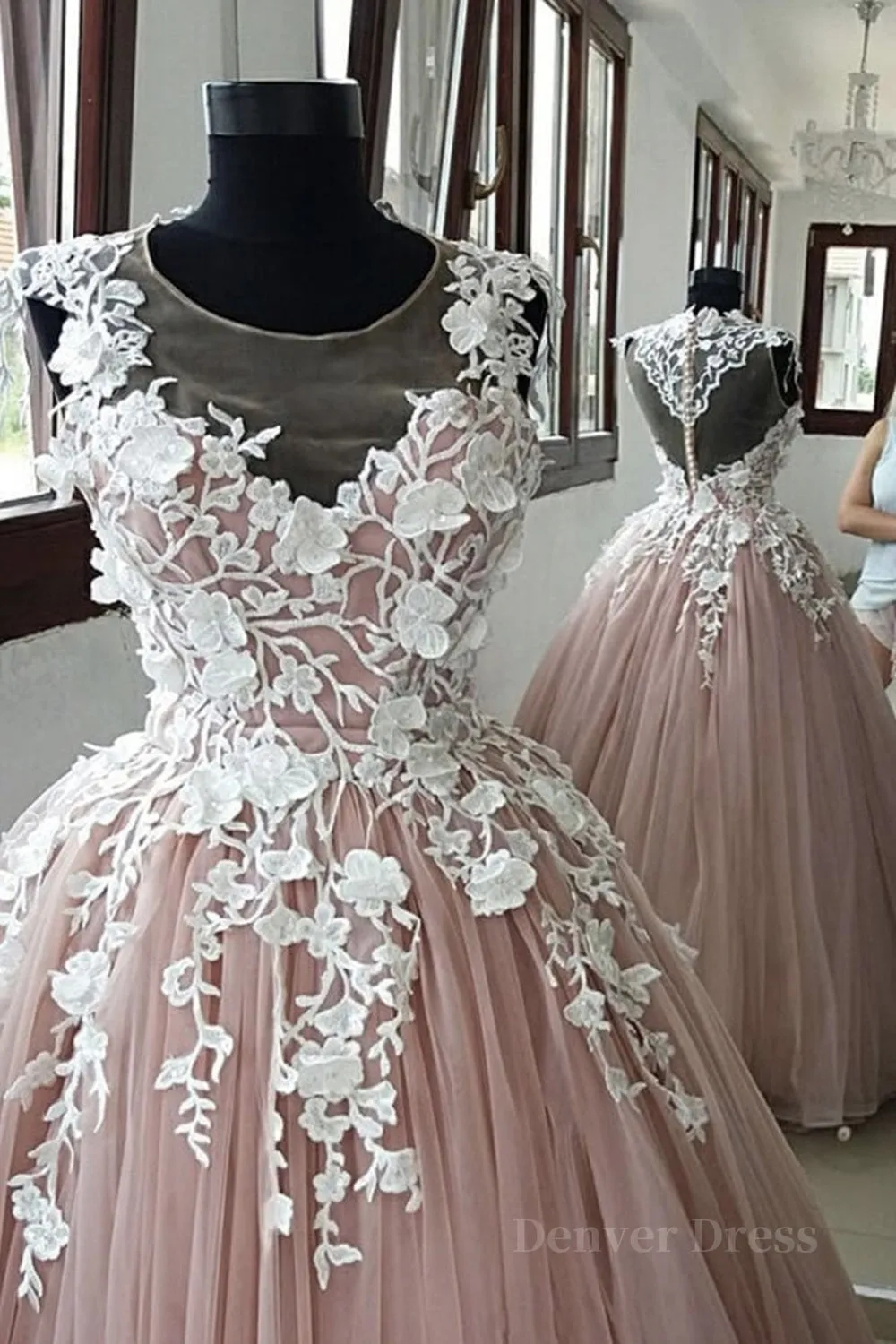 kamahe Round Neck Pink Lace Long Prom Gown, Long Pink Lace Prom Formal Evening Dress, Pink Ball Gown