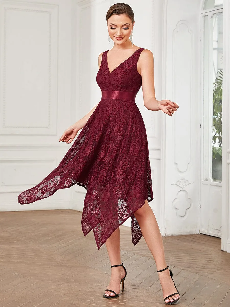Lace Sleeveless Ribbon Waist Asymmetrical Hem Evening Dress