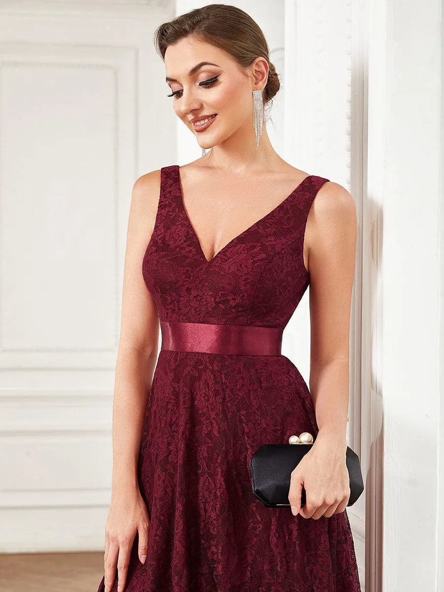 Lace Sleeveless Ribbon Waist Asymmetrical Hem Evening Dress