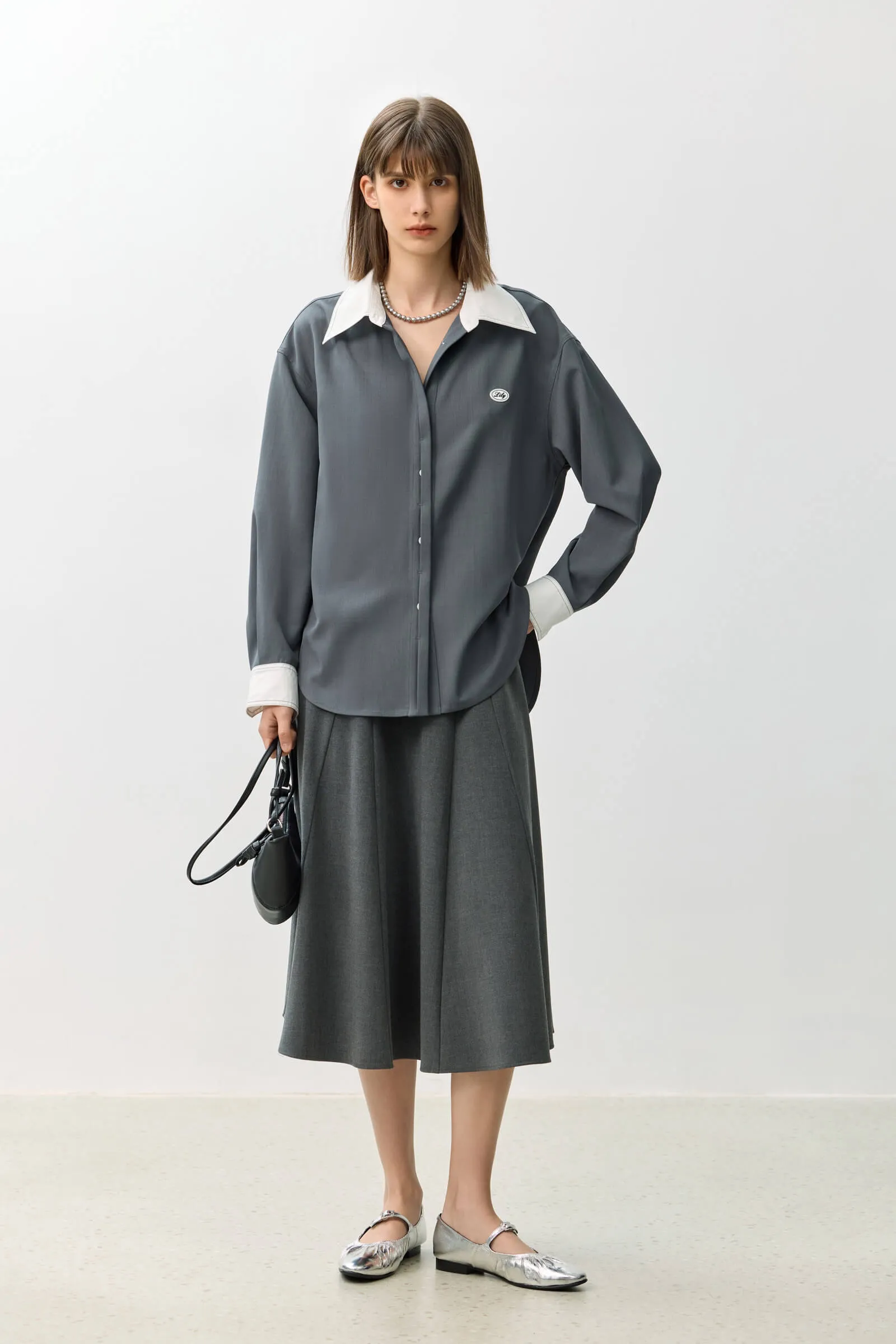 LILY Grey A-line Midi Skirt