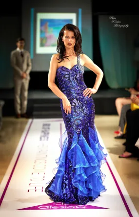 LOLA Iris Blue Sequin Fit-and-Flare Evening Gown
