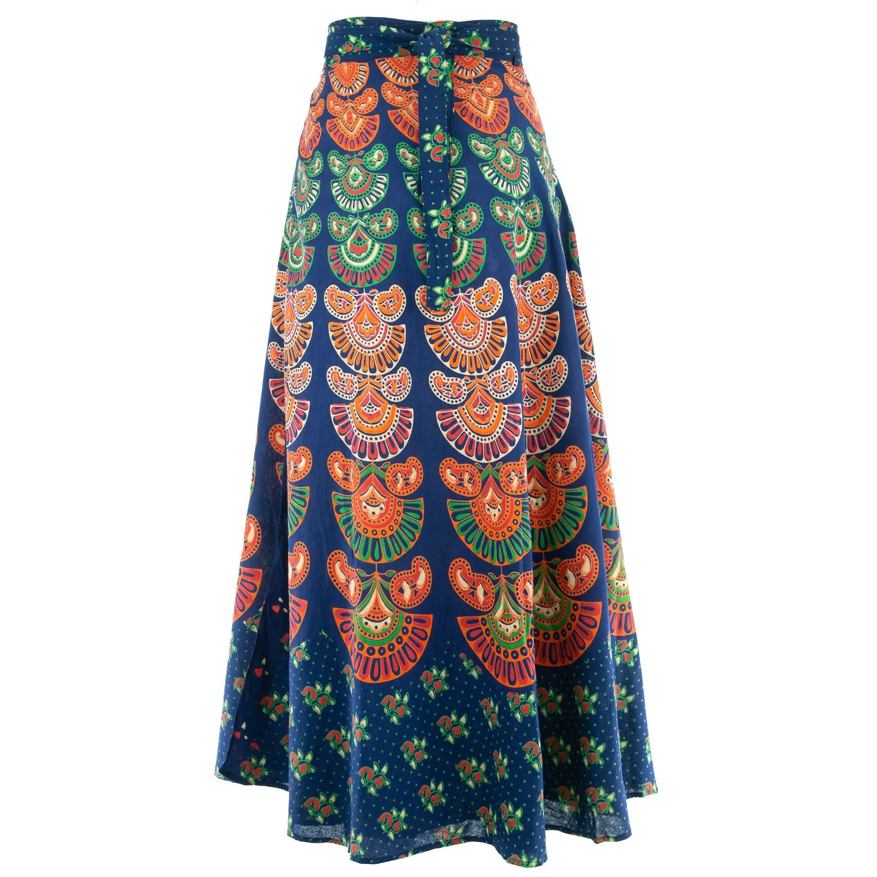 Long Maxi Wrap Skirt with Block Print Mandala - Blue & Green