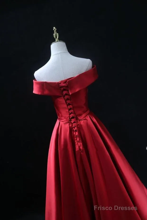 Long Red Satin Prom Dresses  Off The Shoulder Evening Gowns