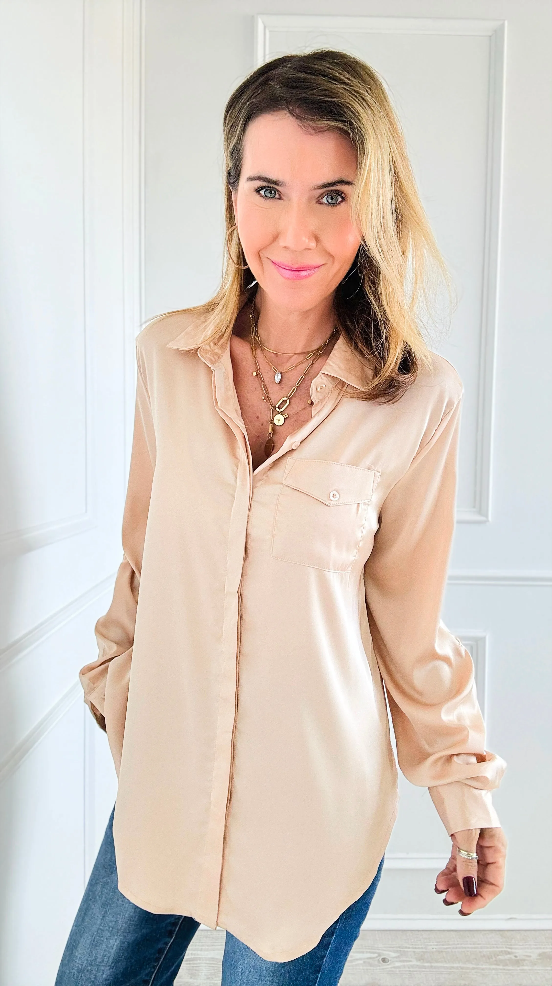 Luxe Satin Dream Blouse Top - Beige