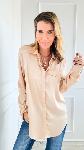 Luxe Satin Dream Blouse Top - Beige