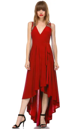 Lycra Sleeveless V-Neck Plunge Belt Hi Low Wrap Dress Red