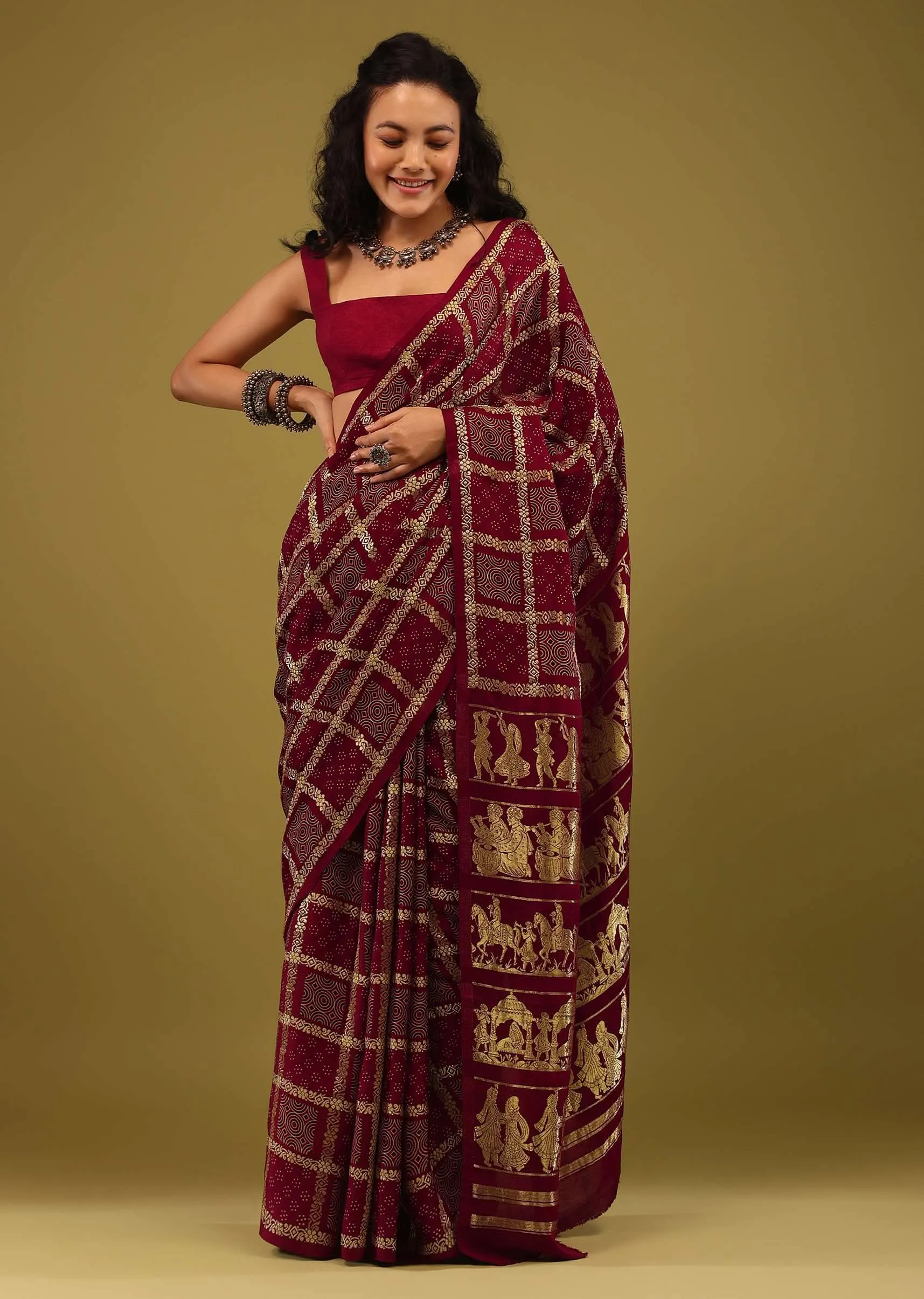 Maroon Red Saree In Satin With Ajrakh Block Print And Brocade Work