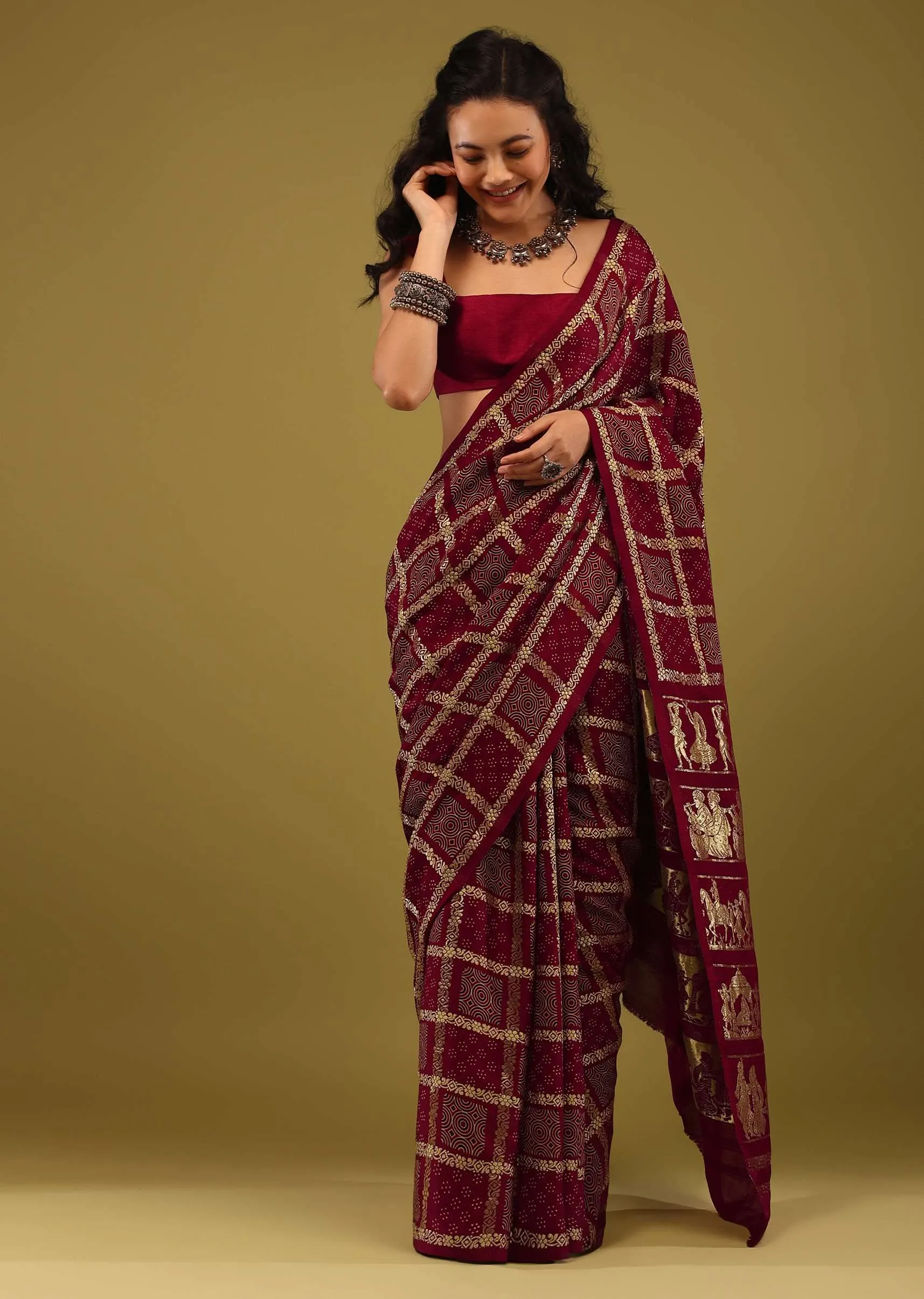 Maroon Red Saree In Satin With Ajrakh Block Print And Brocade Work