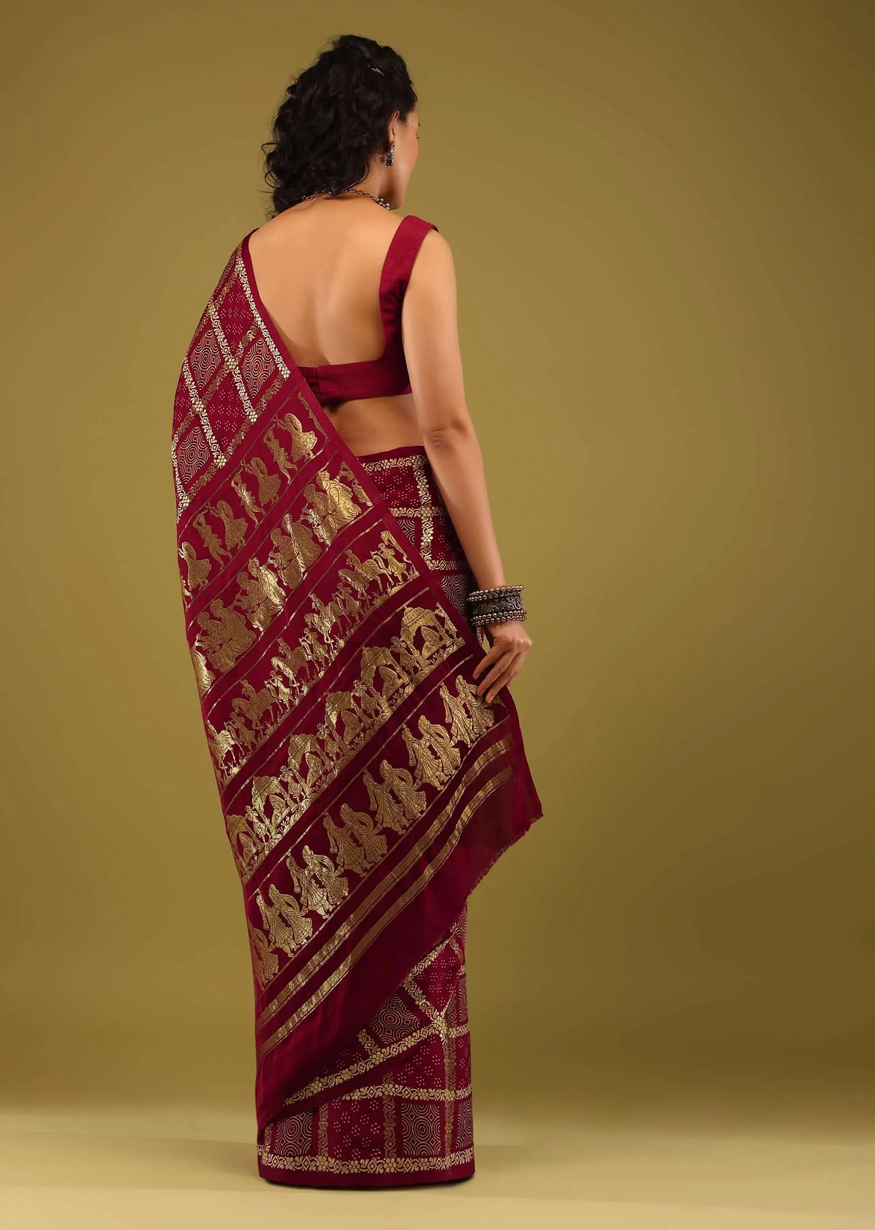 Maroon Red Saree In Satin With Ajrakh Block Print And Brocade Work