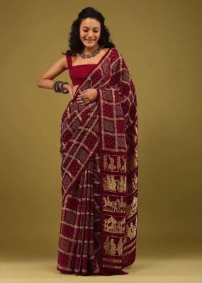 Maroon Red Saree In Satin With Ajrakh Block Print And Brocade Work