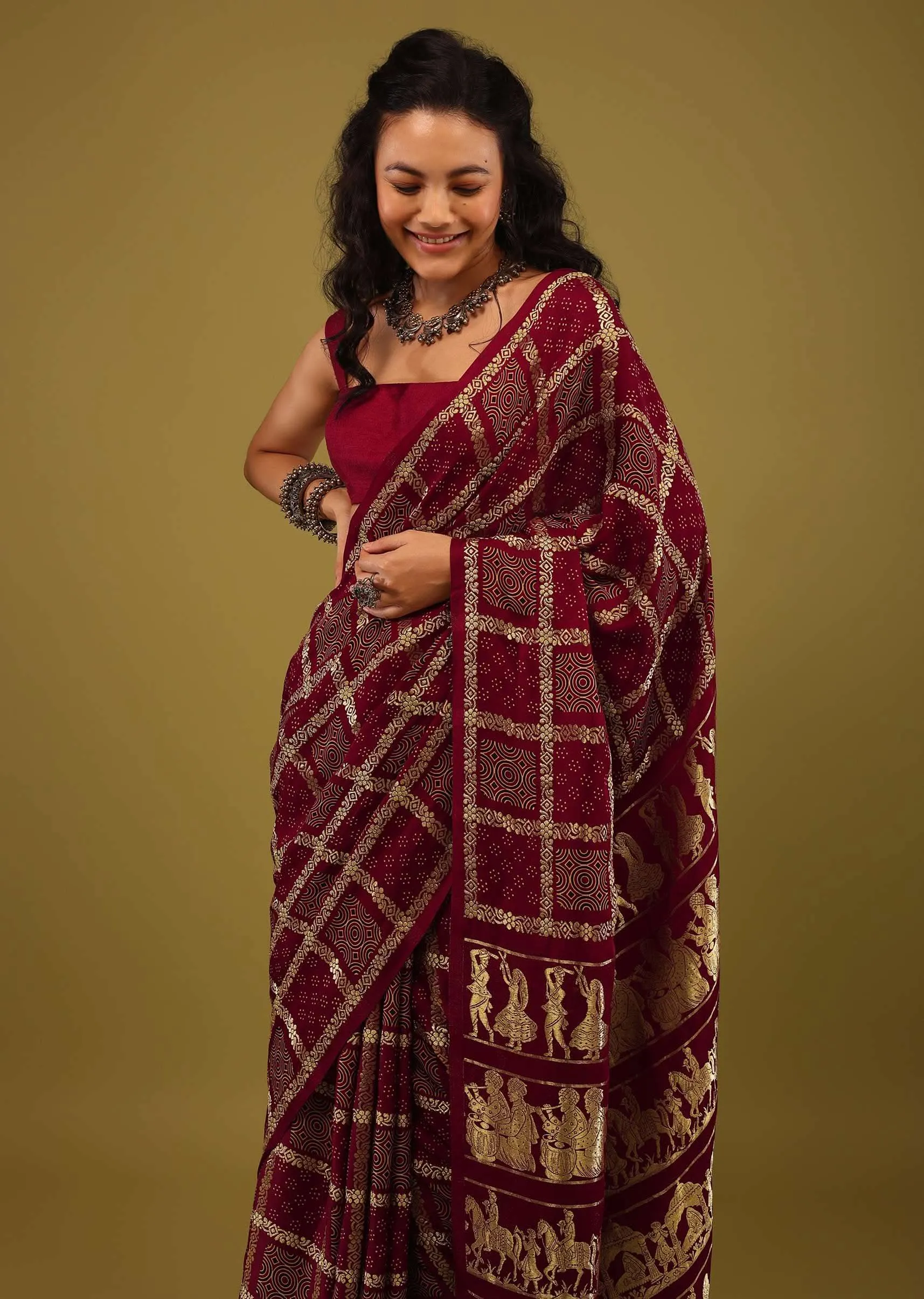 Maroon Red Saree In Satin With Ajrakh Block Print And Brocade Work
