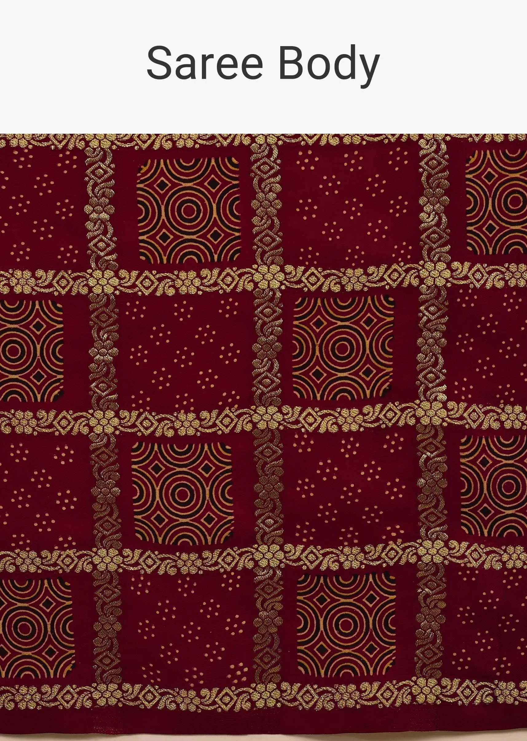 Maroon Red Saree In Satin With Ajrakh Block Print And Brocade Work
