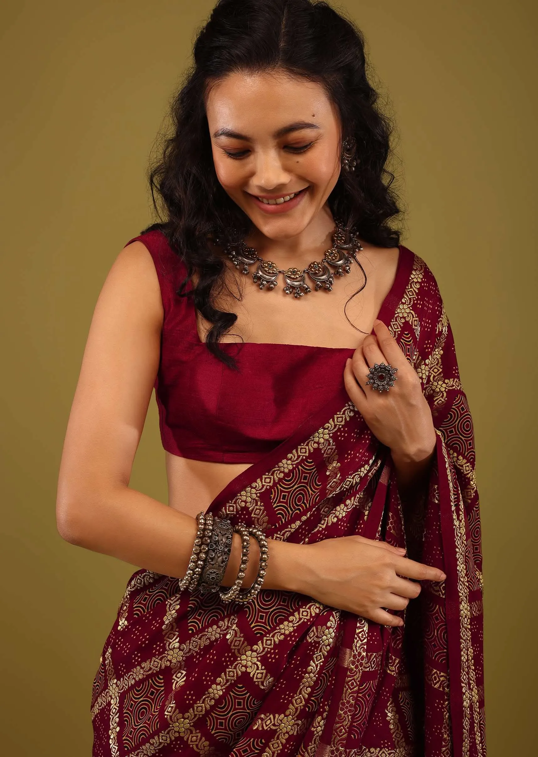 Maroon Red Saree In Satin With Ajrakh Block Print And Brocade Work