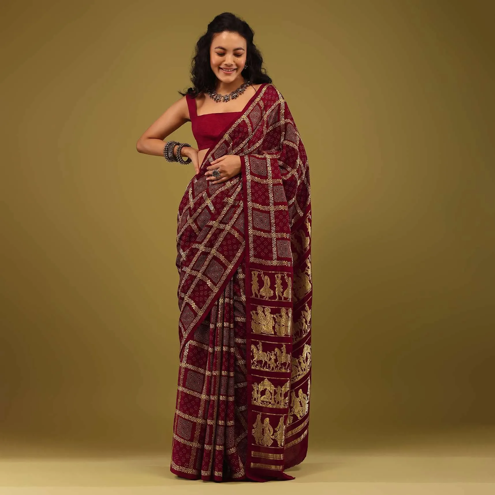 Maroon Red Saree In Satin With Ajrakh Block Print And Brocade Work
