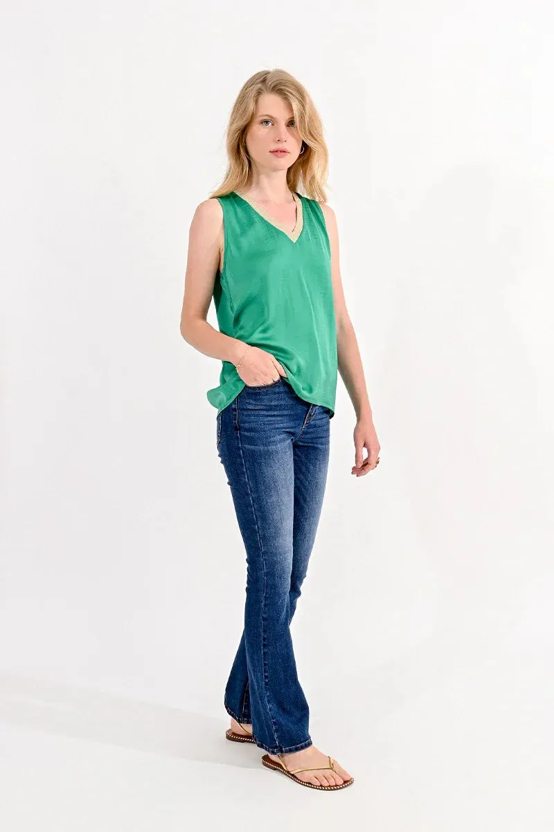 Molly Bracken V Neck Satin Tank Top in Green