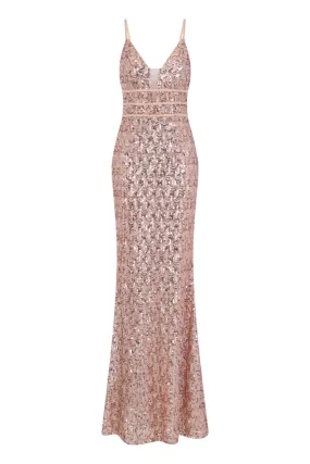Monroe Rose Gold Nude Alluring Sequin Mermaid Maxi Dress