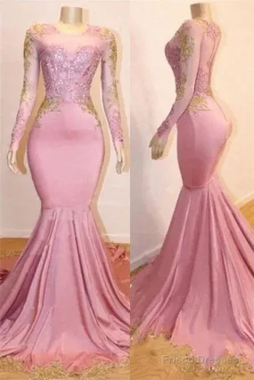 Pink Appliques Long Sleevess Prom Dresses New Arrival Gorgeous Mermaid Evening Gowns