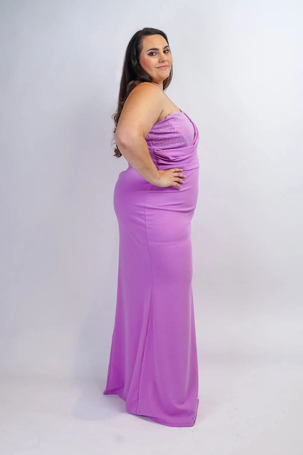 Plus Lavender One Shoulder Drape with Rhinestone Gown