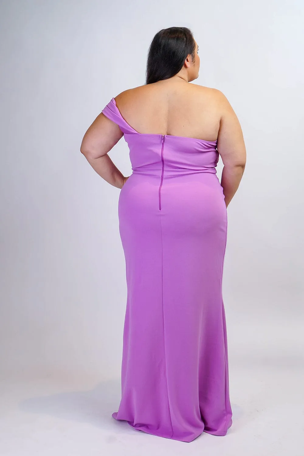Plus Lavender One Shoulder Drape with Rhinestone Gown