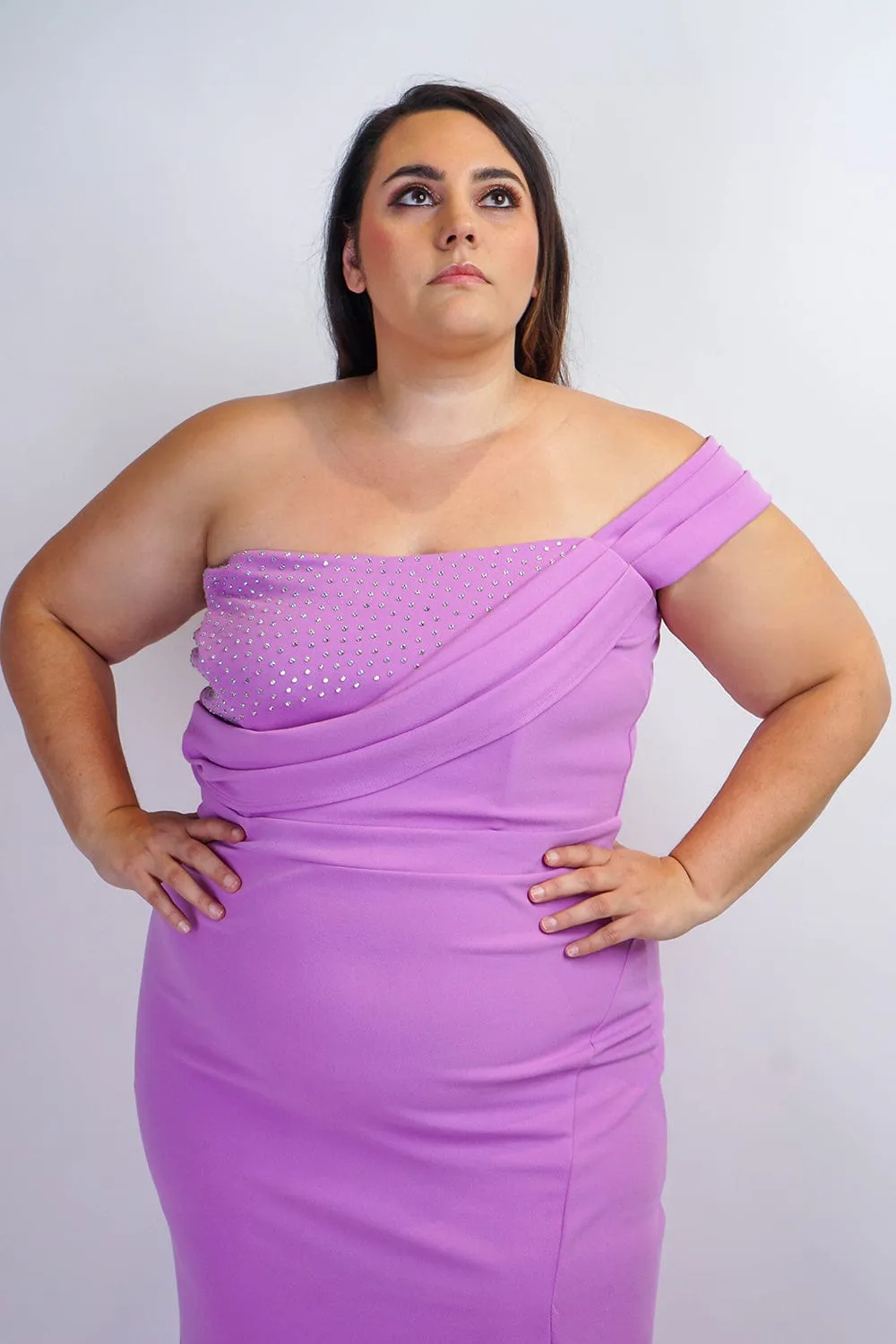 Plus Lavender One Shoulder Drape with Rhinestone Gown