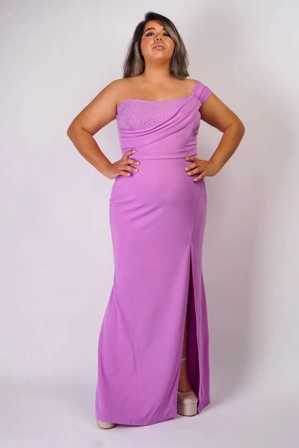 Plus Lavender One Shoulder Drape with Rhinestone Gown