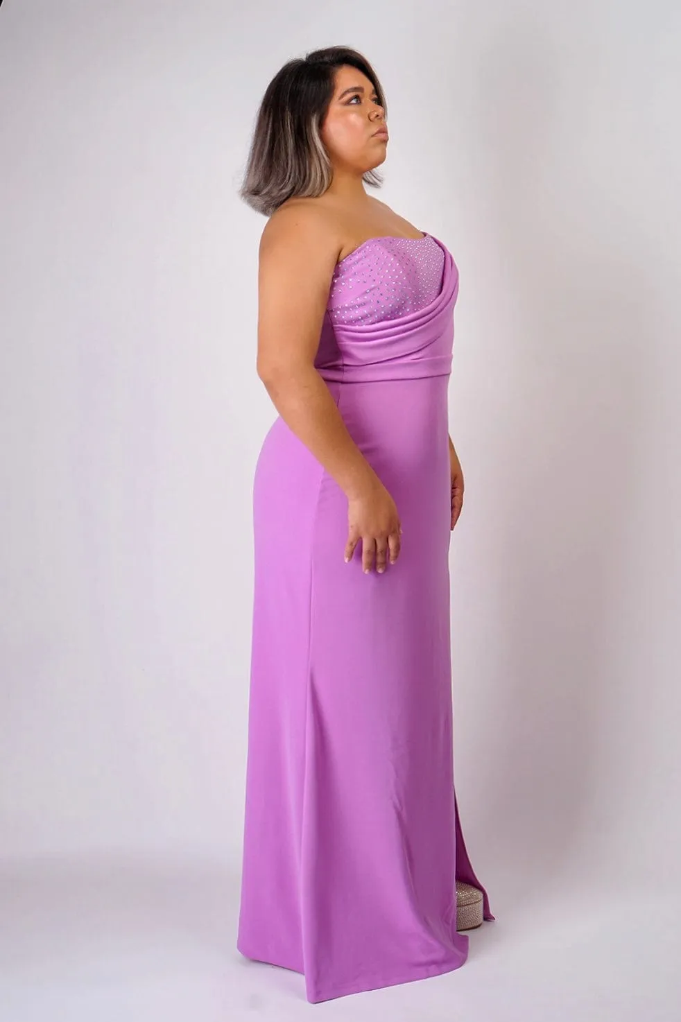 Plus Lavender One Shoulder Drape with Rhinestone Gown