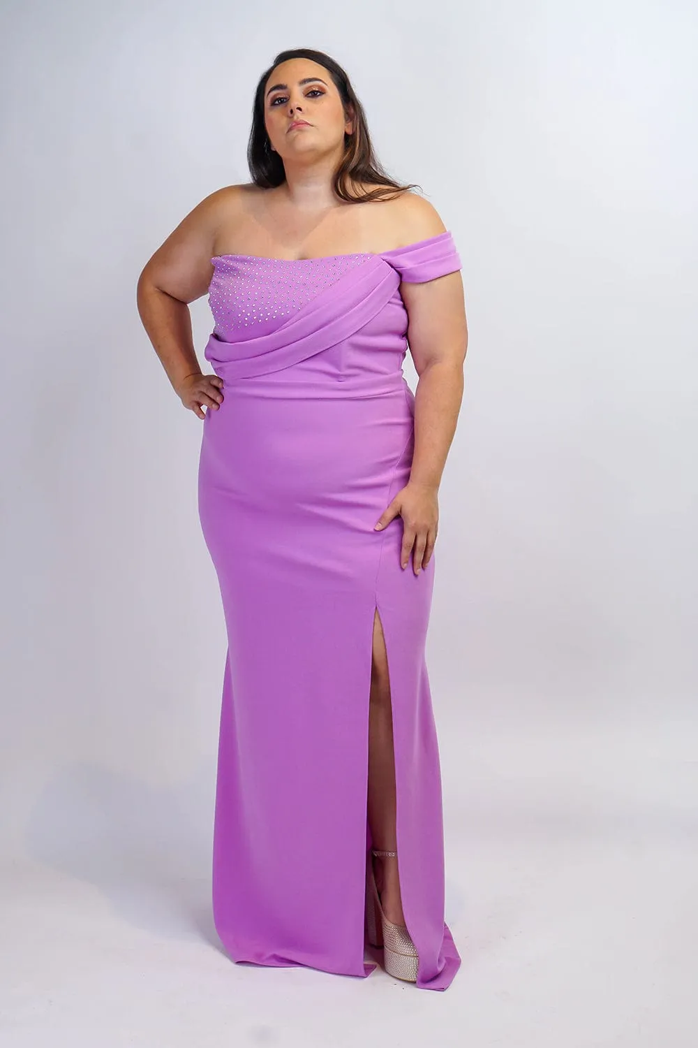 Plus Lavender One Shoulder Drape with Rhinestone Gown