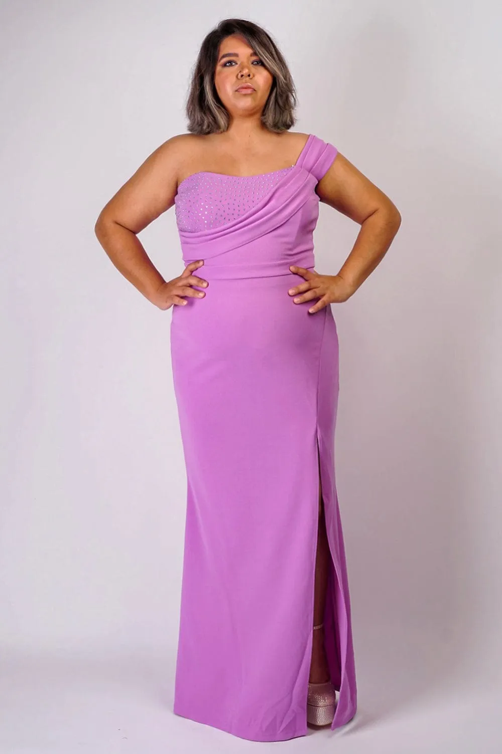 Plus Lavender One Shoulder Drape with Rhinestone Gown