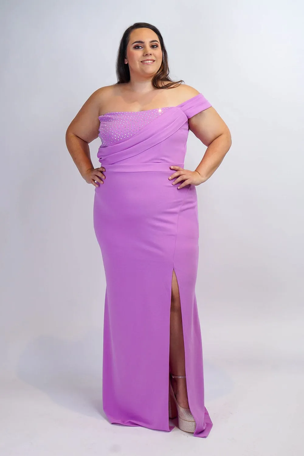 Plus Lavender One Shoulder Drape with Rhinestone Gown
